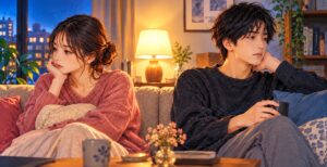 彼氏がいるのに寂しいと感じる女性と、すれ違うカップルの心理を表現したイラスト